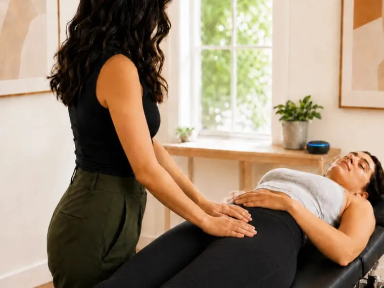 A patient completing a guided breathing and pelvic rehabilitation exercise.